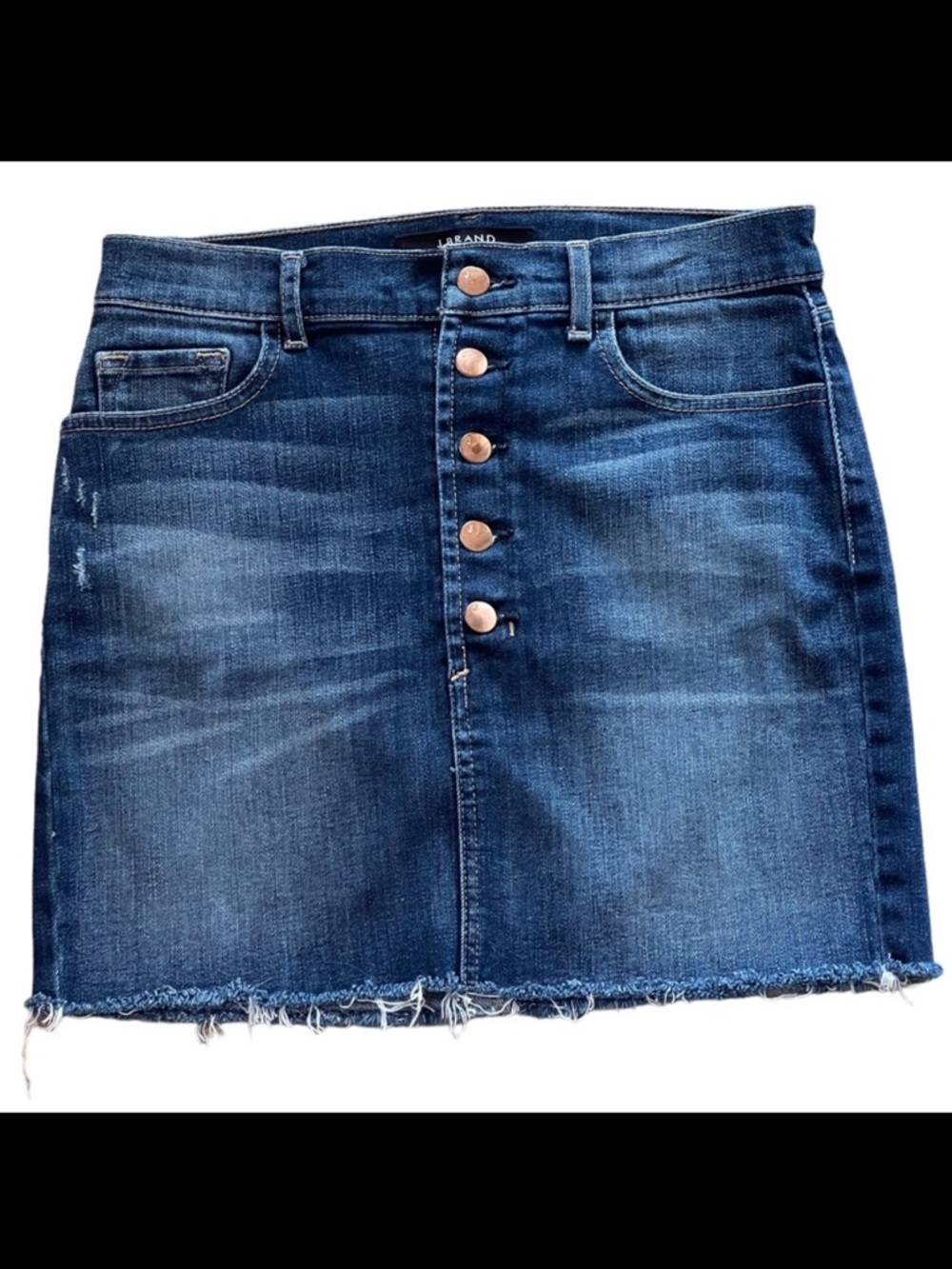 J Brand Rosalie Button Fly Denim Mini Skirt Sz 27 Blue Jean Raw Edge Distressed
